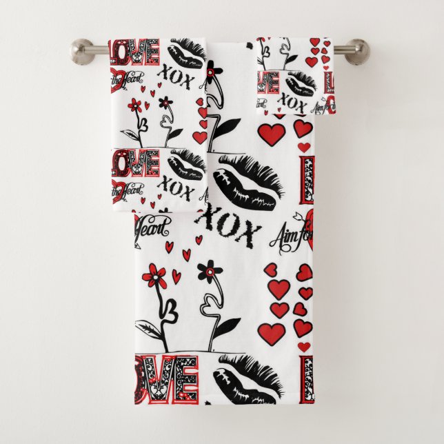 Red Black White Valentine Motif Badhandtuch Set (Insitu)