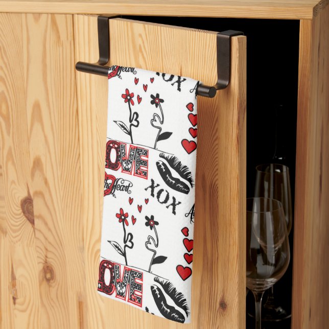 Red Black White Valentine Motif Geschirrtuch (Drittel gefaltet)