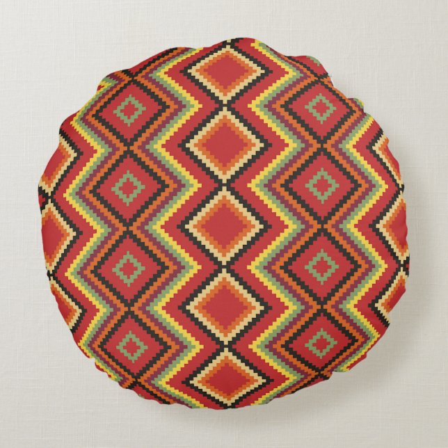Red Black Yellow Native American Blanket Muster Rundes Kissen (Rückseite)