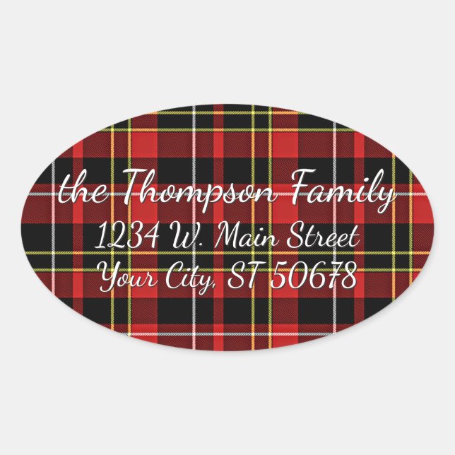 Red Black Yellow White Tartan Address Label Ovaler Aufkleber (Vorderseite)