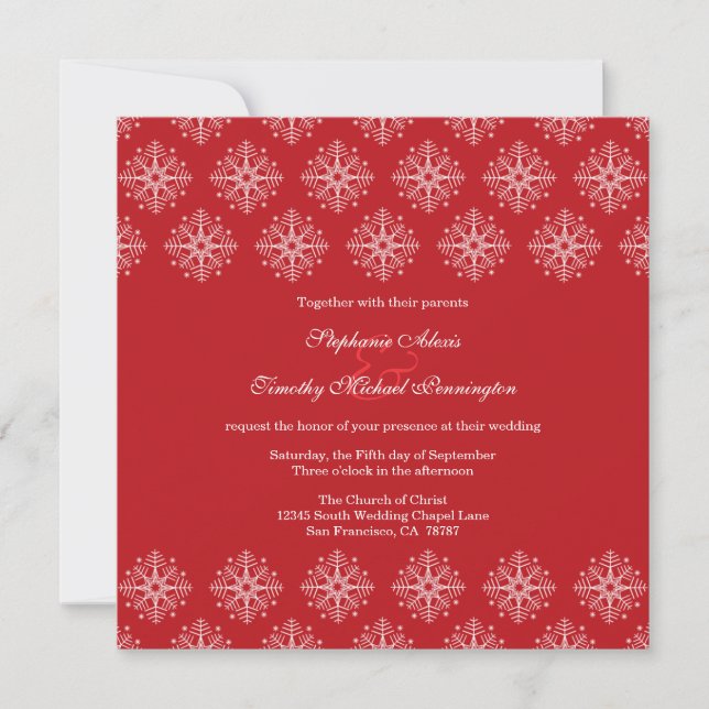 Red + blanc flocon de neige invitation de mariage  (Devant)