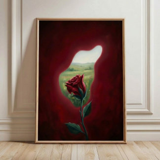 Red Bloom Window – Surreal Floral Wall Art Print Poster