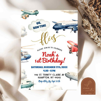 Red Blue Airplane Erstgeburtstag Junge Einladung