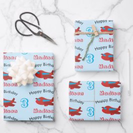 Red & Blue Airplane Muster Geburtsname & Alter Geschenkpapier Set