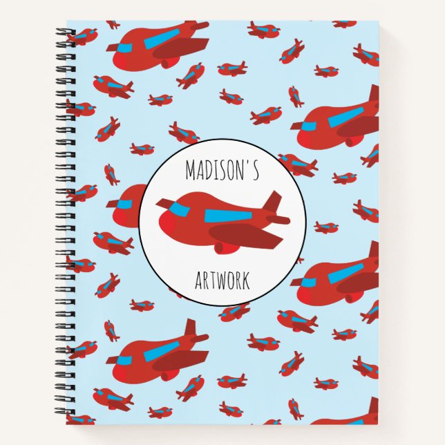 Red & Blue Airplane Muster Kids Name Sketchbook Notizbuch (Vorderseite)