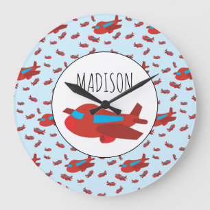 Red & Blue Airplane Pattern Custom Name Große Wanduhr
