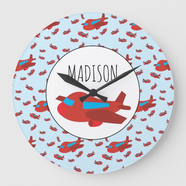 Red & Blue Airplane Pattern Custom Name Große Wanduhr (Vorderseite)