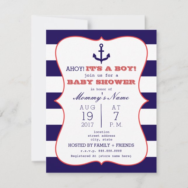Red + Blue Anchor + Stripes Boy Baby Dusche Einladung (Rückseite)