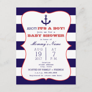 Red + Blue Anchor + Stripes Boy Babydusche Einladung