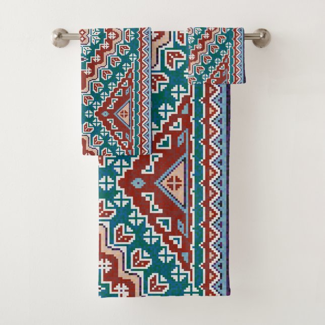 Red Blue Aquamarin Native Amerikanischen Ureinwohn Badhandtuch Set (Insitu)