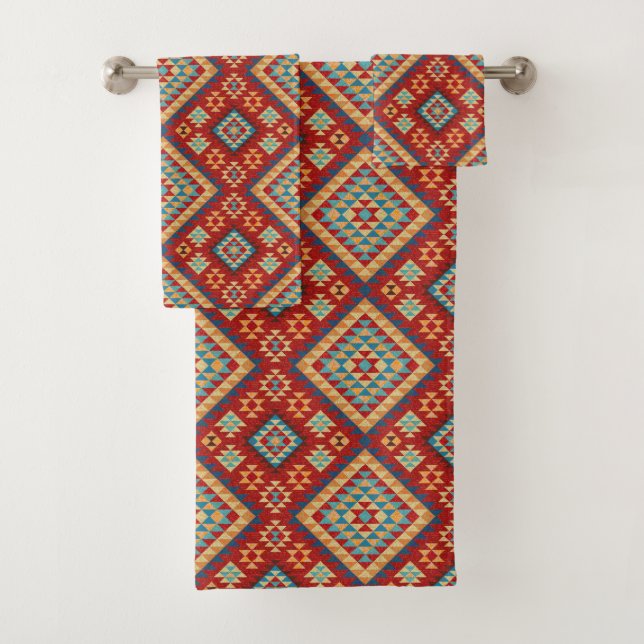 Red Blue Aquamarin Orange Yellow Oriental Kilim Pa Badhandtuch Set (Insitu)