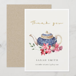 Red Blue Aquarell Teapot Blumenkohl Tee Party Dankeskarte