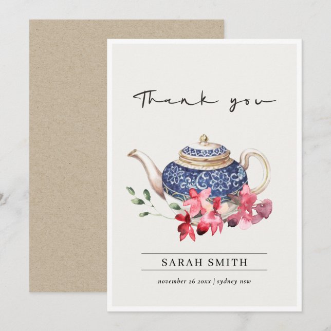 Red Blue Aquarell Teapot Blumenkohl Tee Party Dankeskarte (Vorne/Hinten)
