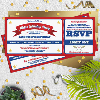Red & Blue Baseball Allstar Ticket Birthday Einladung