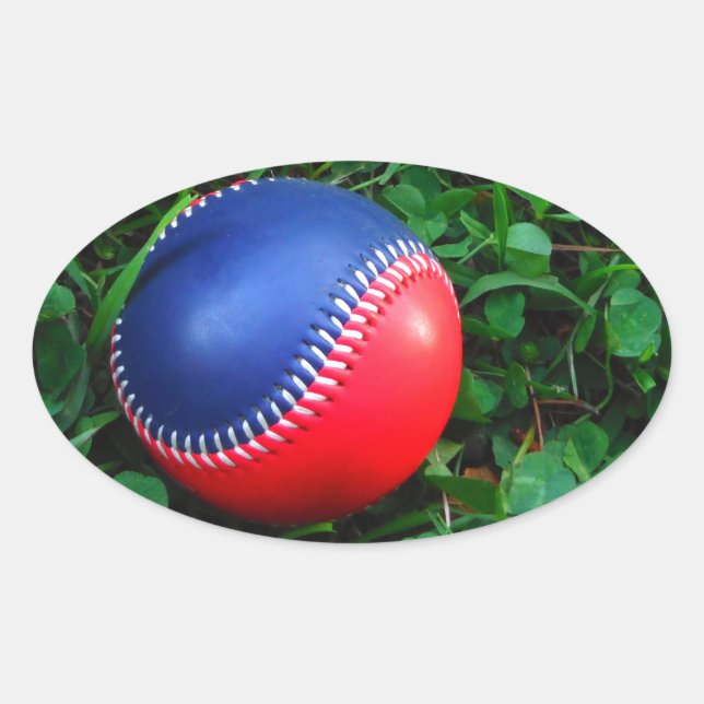Red & Blue Baseball mit weißem Stitching Ovaler Aufkleber (Vorderseite)