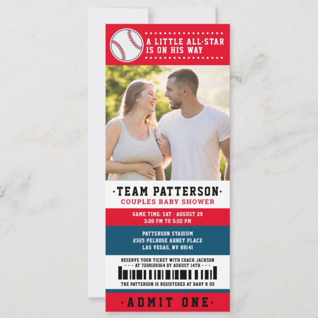 Red Blue Baseball Ticket Couples Baby Dusche Foto Einladung (Vorderseite)