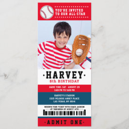 Red Blue Baseball Ticket Geburtstagsparty Foto Einladung