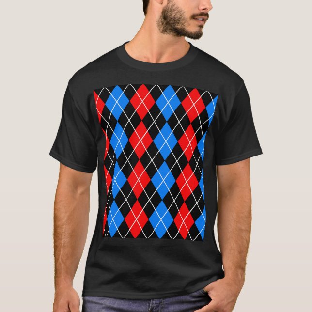 Red Blue Black Raute Diamond Patterndesign T-Shirt (Vorderseite)