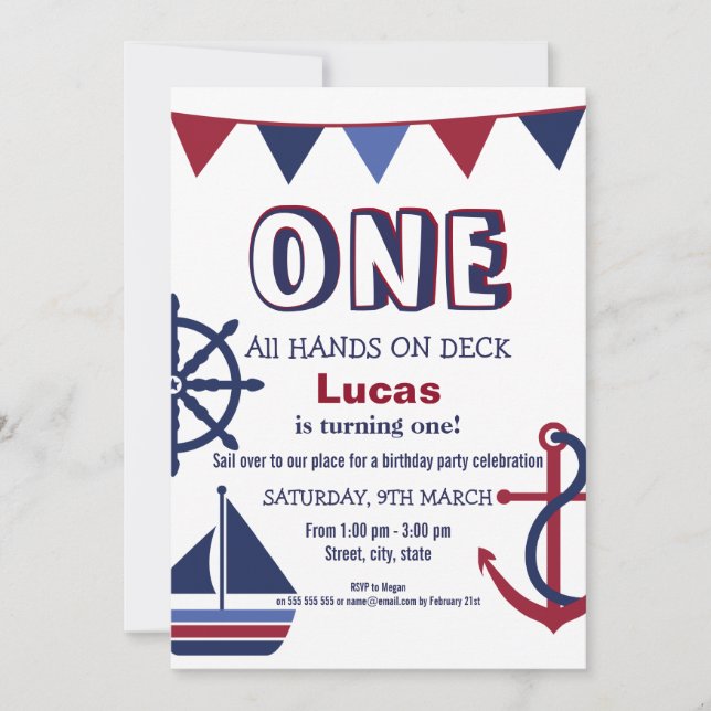 Red & Blue Boys First Birthday Nautical Invitation (Devant)