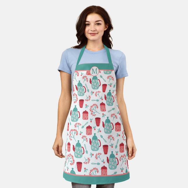 Red Blue Coffee Time Muster Monogram Schürze (Getragen)