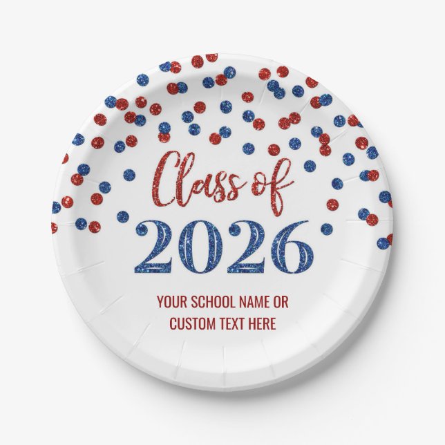 Red Blue Confetti Graduation 2026 Pappteller (Vorderseite)