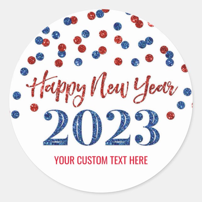 Red Blue Confetti Happy Neues Jahr 2023 Runder Aufkleber (Vorderseite)