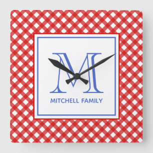 Red & Blue Country Style Gingham Muster Monogramm Quadratische Wanduhr