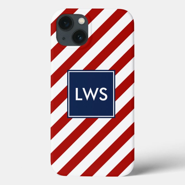 Red Blue Diagonal Stripes Monogramm Case-Mate iPhone Hülle (Rückseite)