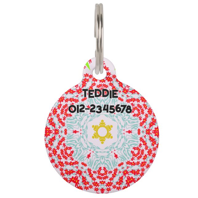 Red Blue Floral mit Kontaktnummer. Haustiermarke (Vorderseite)