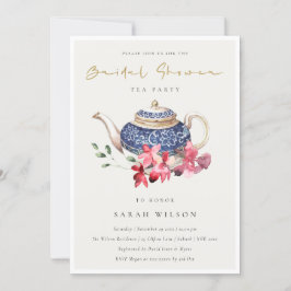 Red Blue Floral Teapot Brautparty Party Einladung