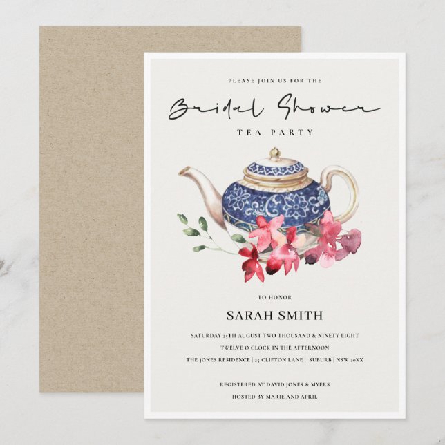 Red Blue Floral Teapot Brautparty Party Einladung (Vorne/Hinten)