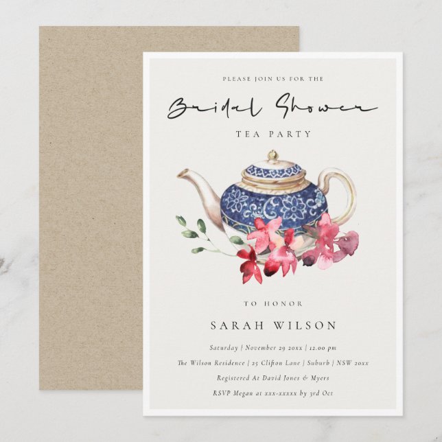 Red Blue Floral Teapot Brautparty Party Einladung (Vorne/Hinten)