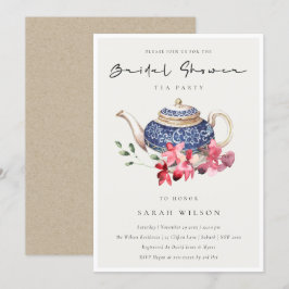 Red Blue Floral Teapot Brautparty Party Einladung