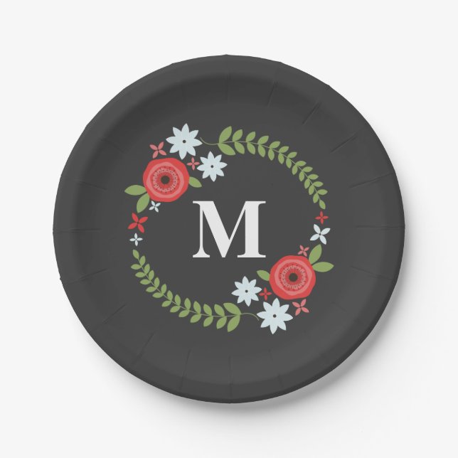 Red + Blue Floral Wreath Monogramm Pappteller (Vorderseite)