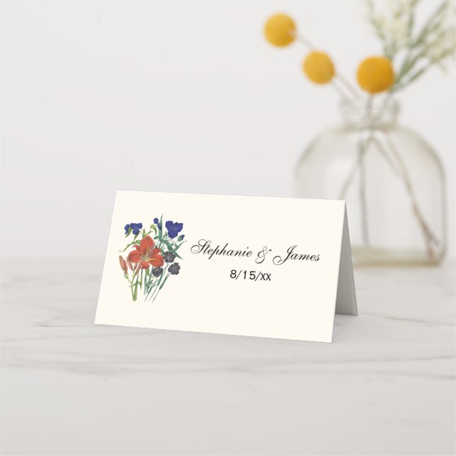 Red Blue Flowers Escort Card Platzkarte Elfenbeink (Vorderseite)