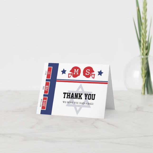 Red Blue Football Ticket Bar Mitzvah Vielen Dank Dankeskarte (Vorderseite)