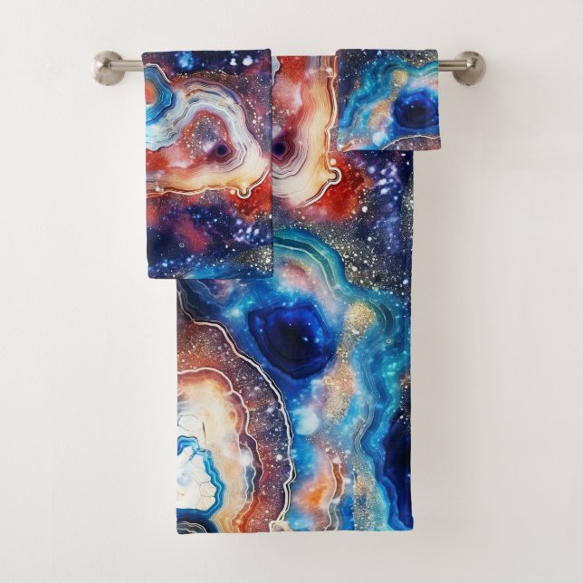 Red Blue Geode Abstract with Cosmic Swirls Badhandtuch Set (Insitu)