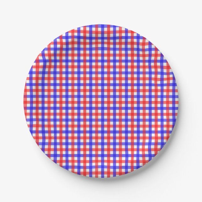 Red Blue Gingham Kariert Pattern Pappteller (Vorderseite)