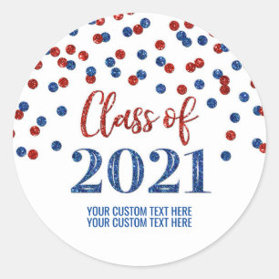 Red Blue Glitzer Confetti Abschluss 2021 Runder Aufkleber