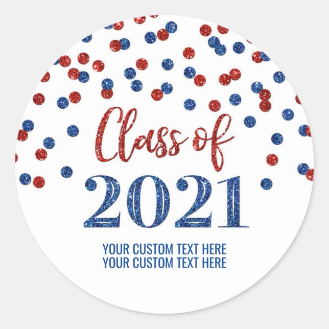 Red Blue Glitzer Confetti Abschluss 2021 Runder Aufkleber (Vorderseite)