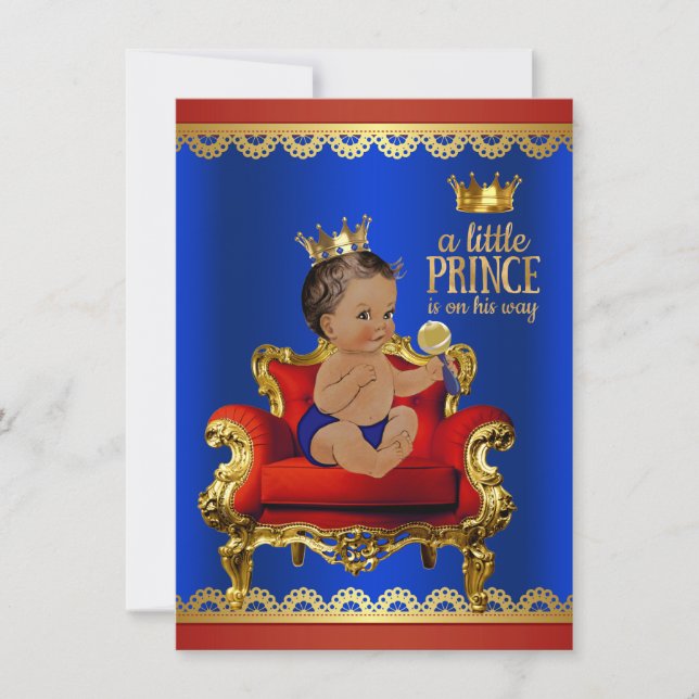 Red Blue Gold Stuhl Ethnic Prince Boy Baby Dusche Einladung (Vorderseite)