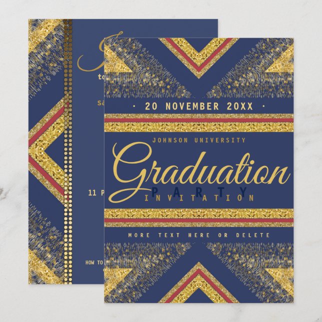 Red Blue & Gold Stylish Graduation Party Einladung (Vorne/Hinten)