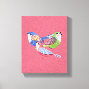Red Blue Green Birds Folk Art Canvas Print Leinwanddruck