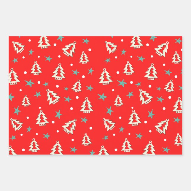 Red Blue Green Christmas Tree Sterne Muster Geschenkpapier Set (Vorderseite)