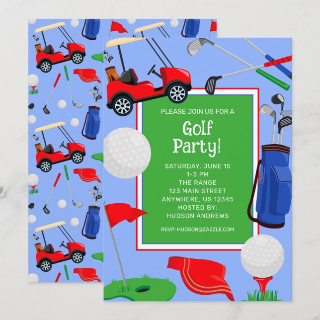 Red Blue & Green Golf Party Einladung (Vorne/Hinten)
