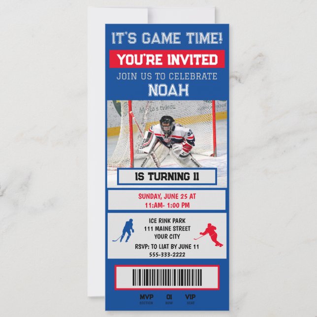 Red&blue Hockey Goalie Ticket Party Einladung (Vorderseite)