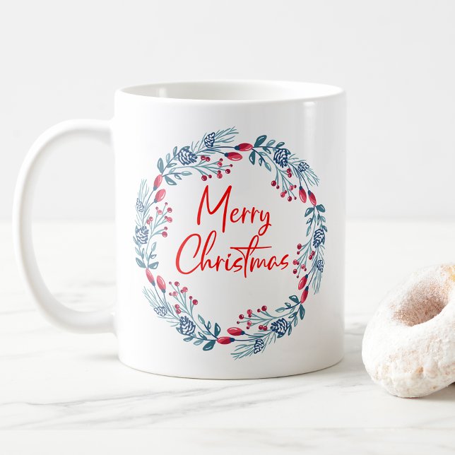 Red Blue Holly Verlasst Wreath Frohe Weihnachten Kaffeetasse (Von Creator hochgeladen)