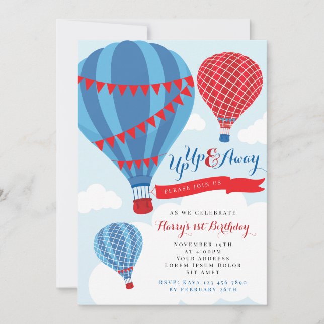 Red & Blue Hot Air Ballon Birthday Einladung (Vorderseite)