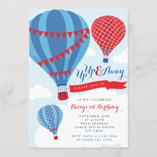 Red & Blue Hot Air Ballon Birthday Einladung