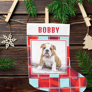 Red Blue Kariert Bulldog Dog Foto Frohe Weihnachte Großer Weihnachtsstrumpf
